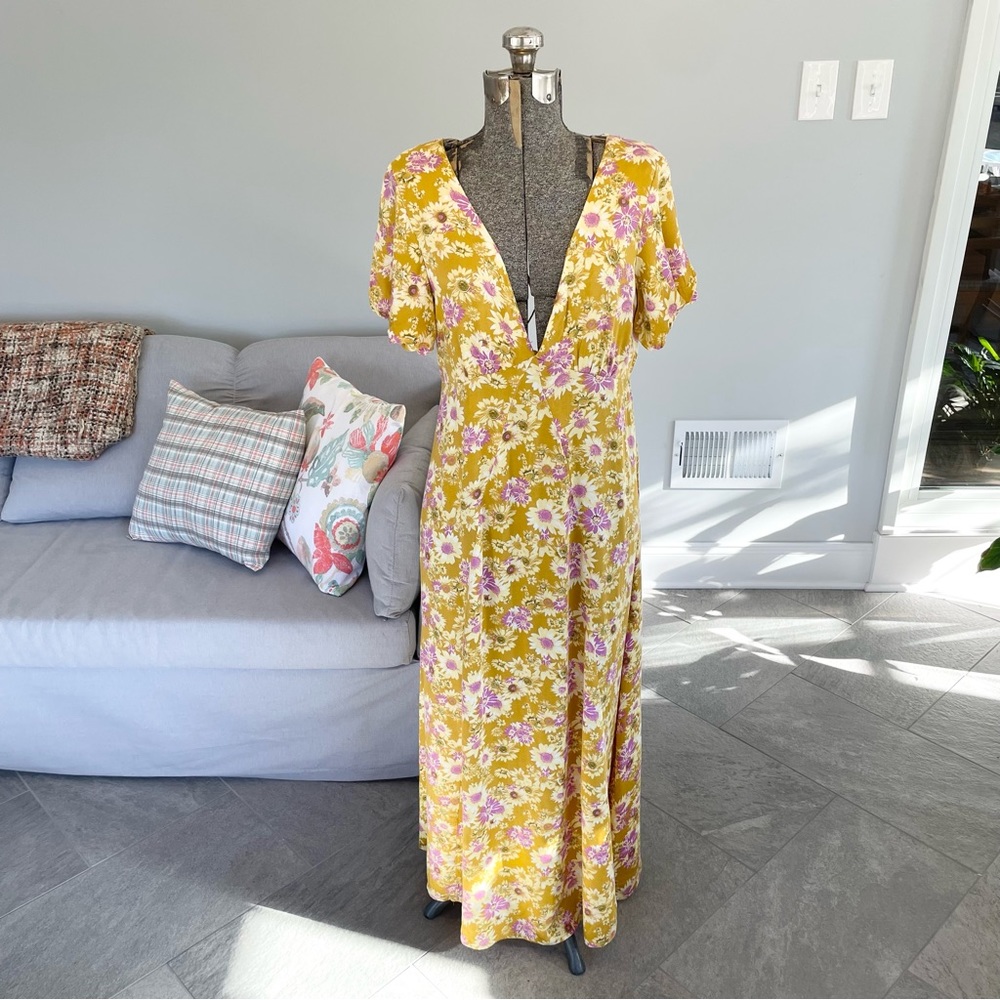 yellow & pink floral print low v, open back bohemian flowy maxi dress
